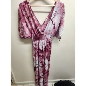 Lovestitch Womens‎ Maxi Dress Tie Dye Kimono Sleeve V Neck Summer Bohemian